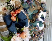 Breath Taking! Deluxe Country Peach & Denim Mesh Wreath GREAT Mother's Day Gift! French Country, Door Decor, ,Monogram