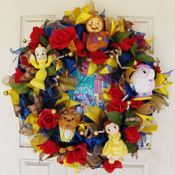 Perfect Gift, Beauty and the Beast Deco Mesh Front Door Wreath, Birthday Party Decoration, Bedroom Decor, Fall Winter Spring Summer Everyday