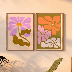 Ensemble d'affiches de fleurs de style années 60, impression botanique, illustration fleurie, décoration de dortoir Matisse, art mural original, formes organiques, décoration rétro des années 60
