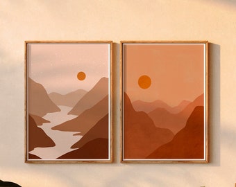 Matching Wall Art, Set of 2, Boho Print Set, Abstract Landscape, Earth Tone Prints, Large Scale Prints, Warm Tone, Art Print Set, Wall Decor