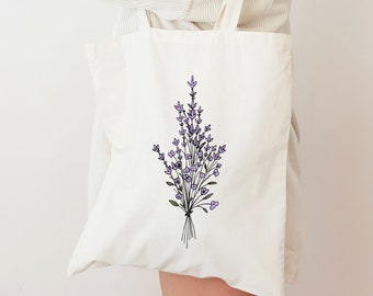 Tote Bag | Gift for Her Lavender Design | Lavender Bouquet Line Art on Cotton Tote Bag | Minimalist Market Tote & Book Bag Eco Friendly