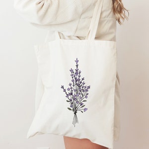 Tote Bag | Gift for Her Lavender Design | Lavender Bouquet Line Art on Cotton Tote Bag | Minimalist Market Tote & Book Bag Eco Friendly