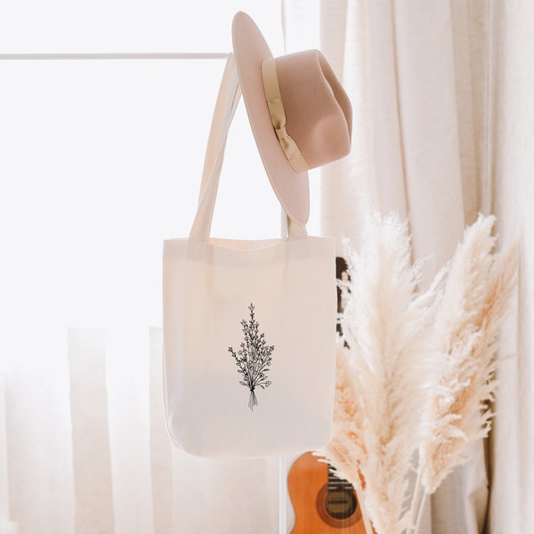 Lavender Bouquet Tote Bag | Gift for Her Lavender Line Art on Cotton Tote Bag | Minimalist Lavender on Market Tote & Book Bag Eco Friendly