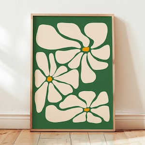 Retro Gänseblümchen Druck, 60er Jahre Blumenkunst, Funky Boho Dekor, gewelltes Blumenplakat, abstrakte Wandkunst, Frühlingsgrünakzent, Groovy-Hausästhetik