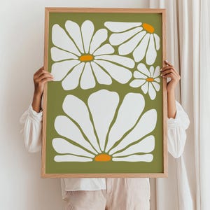 Arte murale floreale vibrante, stampa retrò di margherite, poster di fiori estivi, decorazione verde e bianca con dopamina, parete galleria boho, poster di grandi dimensioni