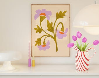 Whimsical Spring Floral Art Print, Dainty Purple Flowers Print, Digital Download Cottage Core Poster, Nature Inspired Matisse Home Decor