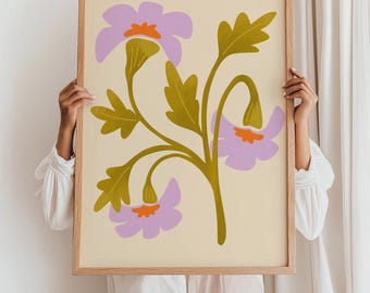 Floral Art Print, Soft Spring Aesthetic, Dainty Purple Flowers, April Cottagecore Poster, Nature Inspired Matisse Gallery Wall Home Decor