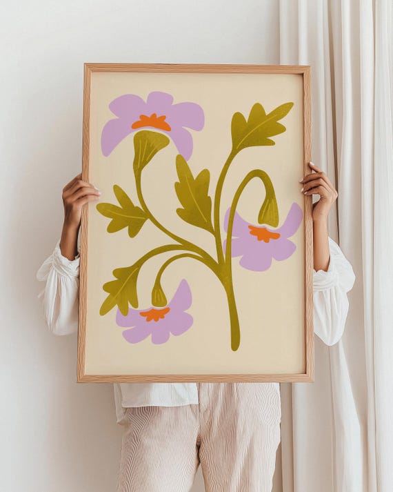 Floral Art Print, Soft Spring Aesthetic, Dainty Purple Flowers, April Cottagecore Poster, Nature Inspired Matisse Gallery Wall Home Decor