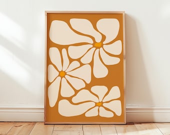 Funky Daisy Living Room Art Print, Fun Flower Decor, Retro Revival Design, Airbnb Bright Orange Wall Art, Vibrant Hippie Aesthetic Poster