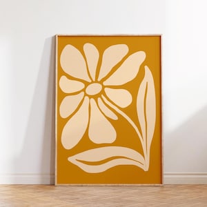 Retro Blumendruck, Senfgelb, Funky Blume, Blumendruck, Boho Kunst, Wandkunst, Blumenplakat, Wohnzimmerdekor, abstrakte Kunst