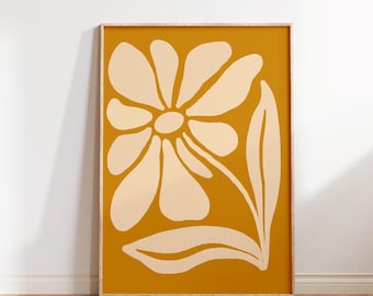 Retro Flower Print, Mustard Yellow, Funky Flower, Floral Art Print, Boho Art, Wall Art, Flower Poster, Living Room Decor, Abstract Art
