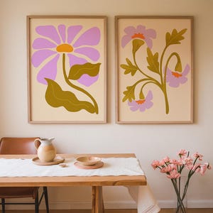 Póster de flores estilo años 60, estampado botánico morado retro de los años 60, ilustración floral, decoración de dormitorio Matisse, arte mural moderno, formas orgánicas
