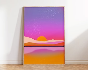 Sunset Landscape Art | Abstract Landscape, Wall Art, Art Print, Colorful Print, Mountains and Water, Purple and Orange, Modern Art Print