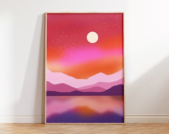 Sunset Landscape Art | Abstract Landscape, Wall Art, Art Print, Colorful Print, Mountains and Water, Pink and Orange, Modern Art Print