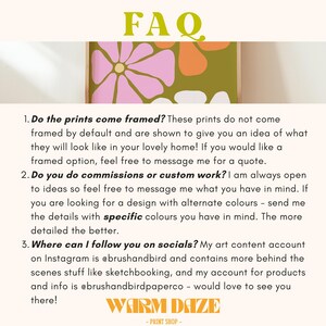 May include: FAQ about prints, commissions, and social media. The text includes information about framed prints, custom work, and social media accounts. The image also features a colorful floral design.