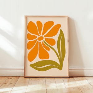 Estampado floral retro: arte floral naranja y verde, decoración de pared bohemia de los años 60, póster primaveral moderno para sala de estar, diseño floral abstracto de mediados de siglo.