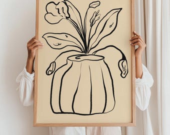 Vintage Flower Vase Art Print | Minimalist Black Line Drawing Botanical Wall Art, Ink Illustration for Neutral Home Decor, Airbnb Wall Art