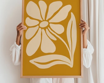 Retro Flower Print, Mustard Yellow Funky Flower Digital Download, Wavy 60s Floral Wall Art, Boho Flower Poster, Abstract Printable Decor