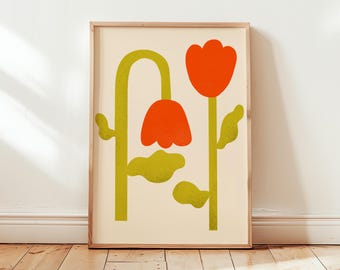 Retro Flower Print, Abstract Art, Flower Art, Red Tulip, Minimalist Print, Colorful Art, Flower art print, Wall Art for Dorm, Living Room