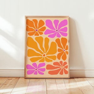 Impression d'art mural floral maximaliste | Poster Flower Power rétro audacieux, botanique coloré vibrant, déco dopamine rose orange des années 70, art amusant et funky