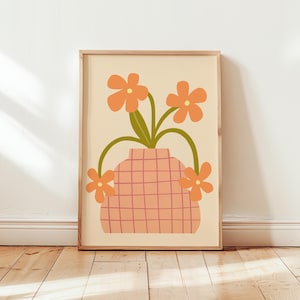 Póster de arte con jarrón de flores, ilustración floral retro en color crema melocotón, decoración inspirada en los años 70, regalo para amantes de las flores, decoración maximalista moderna y vibrante