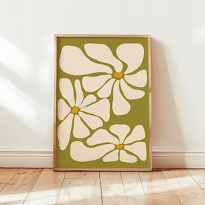 Poster retrò con fiori estivi / Stampa artistica da parete con margherita verde acido per soggiorno, arredamento per la casa con colori vibranti di dopamina, design ondulato alla moda con margherita