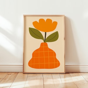 Impresión artística de jarrón de flores retro, póster de descarga digital, arte mural floral abstracto en naranja quemado, decoración de dopamina, impresión artística maximalista de moda