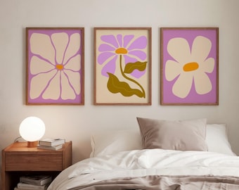Set of 3 Mid Century Modern Daisy Prints | Purple Flower Power Poster Set, 70s Hippie Aesthetic Wall Art for Bedroom, Vibrant Dopamine Decor