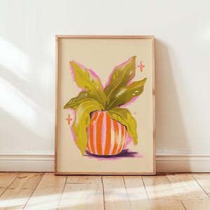 Póster de planta en maceta, impresión de maceta, arte estilo gouache, decoración de pared vibrante para primavera, decoración de florero de interior para amantes de las plantas.