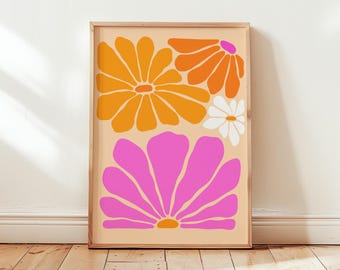 Maximalist Blumen Wand Kunst Druck | Auffälliges Retro Flower Power Poster, lebhaftes buntes Botanisches, Pink Orange 60s Dopamin Dekor, Funky Fun Art