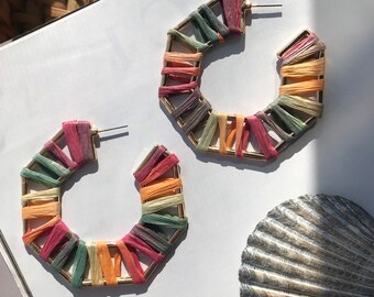 Colorful Rainbow Raffia Gold Earrings Summer Tropical Bohemian