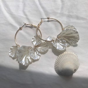 Gold Hoop White Sea Shell leave Earrings
