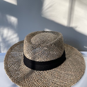 Sun Beach Hat Wicker Straw Grass Beige Trim