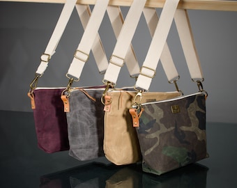 Large Waxed Canvas Purse - Adjustable strap shoulder bag - Sporty handbag  adjustable cotton webbing strap - Everyday use purse