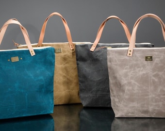 Waxed Canvas Tote Bag,  Zipper Top Tote,  Market tote, Leather Handle Purse, Canadian Made