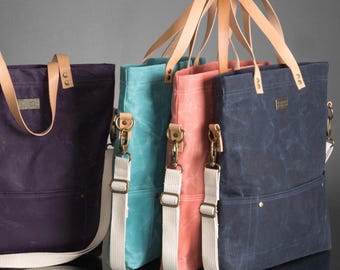 Handmade Waxed Canvas Everyday Bag, Crossbody Tote, Leather Handle Carryall, Canadian Made