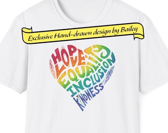 Unisex Gildan Softstyle T-Shirt: Rainbow PEACE Heart Hope, Love, Equality, Inclusion, Kindness Retro Inspired Graphic Tee Pride LGBTQ