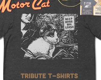 Motor Cat - T-shirt hommage à moto avec un chat Un vrai chat à vélo Un chat sur un scooter Une histoire vraie Amoureux des chats Aventure avec chat