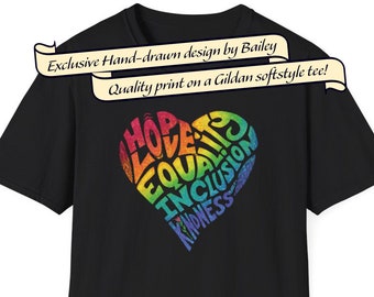 Unisex Gildan Softstyle T-Shirt: Rainbow PEACE Heart Hope, Love, Equality, Inclusion, Kindness Retro Inspired Graphic Tee Pride LGBTQ