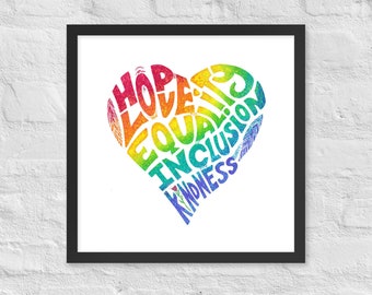 Wall Art Print Rainbow PEACE Heart Hope, Love, Equality, Inclusion, Kindness Retro Inspired Graphic Pride LGBTQ  Framed poster