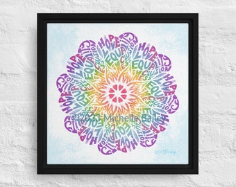 Espoir, Amour, Égalité, Inclusion, Gentillesse, Paix Rainbow Mandala Hearts 12x12" toile encadrée giclée méditation spirituelle Coloré LGBTQA+