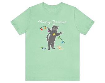 Meowy Christmas T-shirt, Merry Christmas Cat, Cat Ornaments, Lights, Cat Lover Shirt, Merry Christmas Kitty, Funny, Gift for Cat Mom, Dad