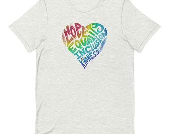 Unisex T-shirt Rainbow PEACE Heart Hope, Love, Equality, Inclusion, Kindness Retro Inspired Graphic Tee Pride Hand-drawn Illustration