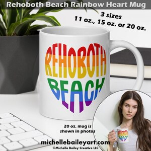 Rehoboth Beach Rainbow Heart Pride Mug Gay Bi Pride Coffee Cup Gift Hand-drawn Art White Glossy Mug 11 15 20 oz