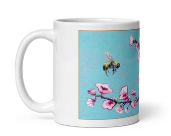 Tasse douce d'abeille | Peinture de fleurs de cerisier et d'une abeille un jour de printemps