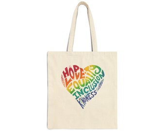 Tote Bag Rainbow PEACE Heart Hope, Love, Equality, Inclusion, Kindness Retro Inspired Graphic Pride LGBTQ Cotton Canvas