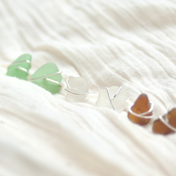 Sea Glass Stud Earrings, Sea Glass Earrings, Maine Made Jewelry, Sterling Silver Stud Earrings, Wire Wrapped Stud Earrings