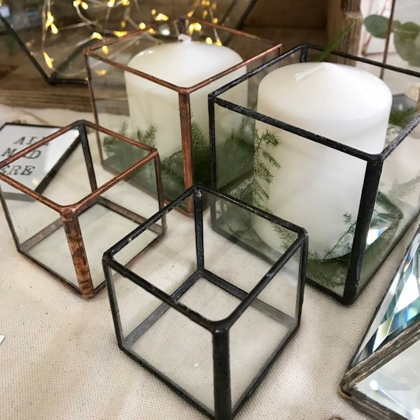 Cube géométrique en verre, boîte en verre, bougeoir, décoration d'intérieur minimaliste, décoration de table de mariage, jardinière succulente, décoration de table de Noël