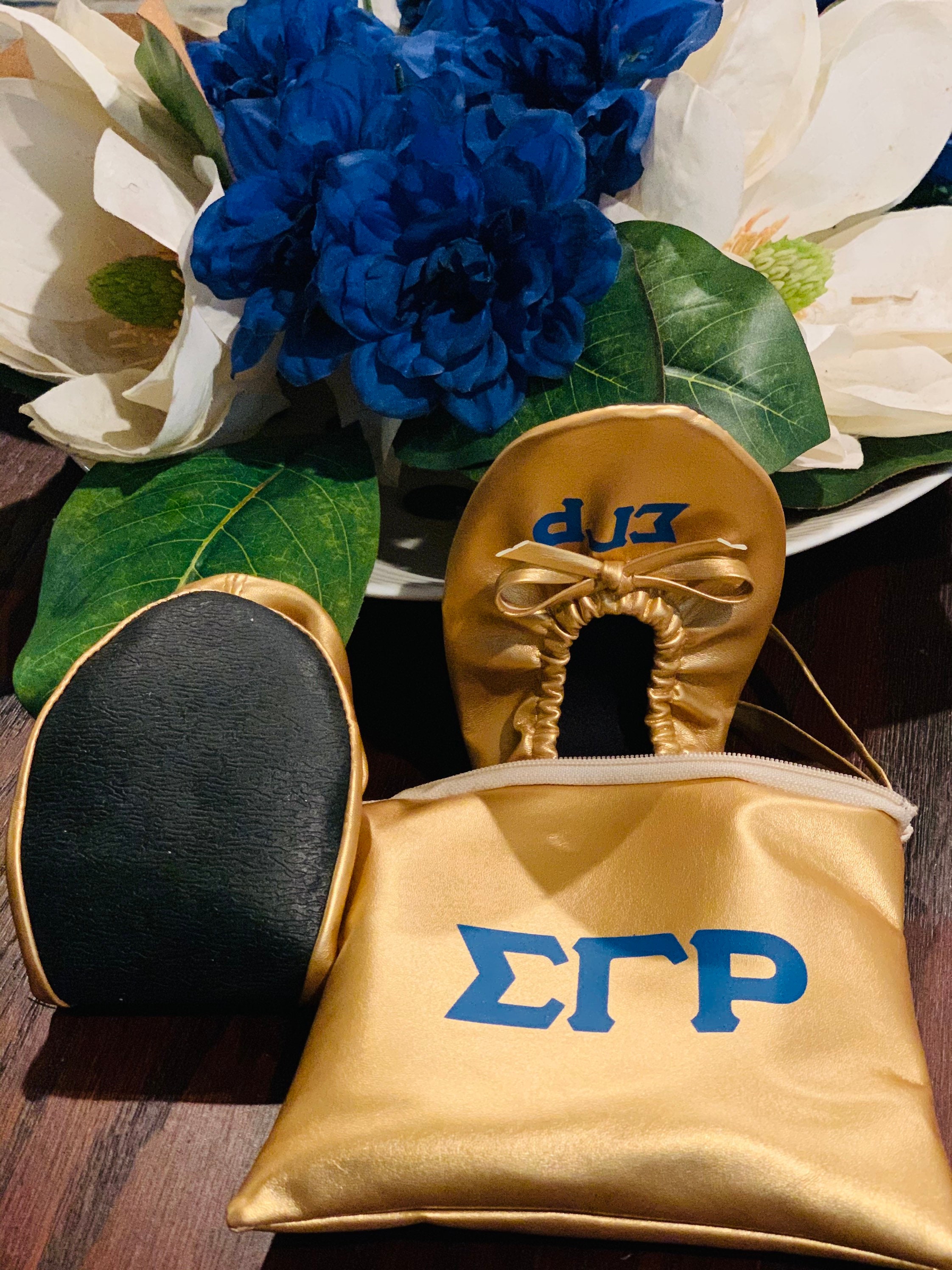 Posh Poodle Metallic Gold Sigma Gamma Rho Foldable Ballerina Slip Ons [EXACT FIT, go 1 size up 