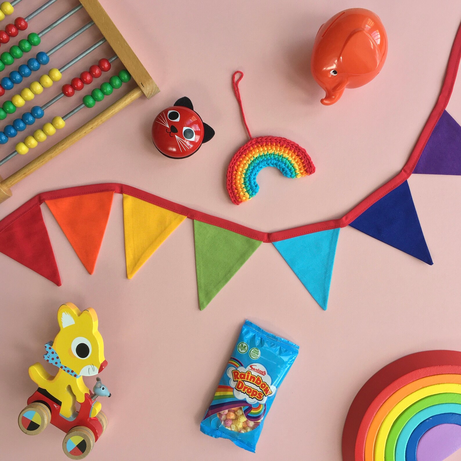 Rainbow Bunting Decor Red Fun Bright Wall Hanging Shelf Retro